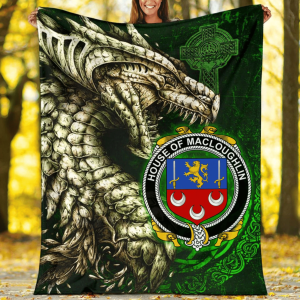 Ireland Premium Blanket - House of MACLOUGHLIN (Tirconnell) Family Crest Blanket - Dragon Claddagh Cross