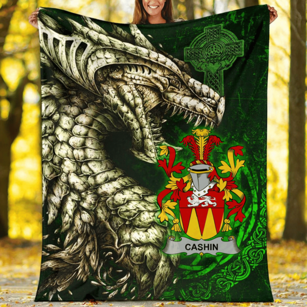 Ireland Premium Blanket - Cashin or McCashine Family Crest Blanket - Dragon Claddagh Cross