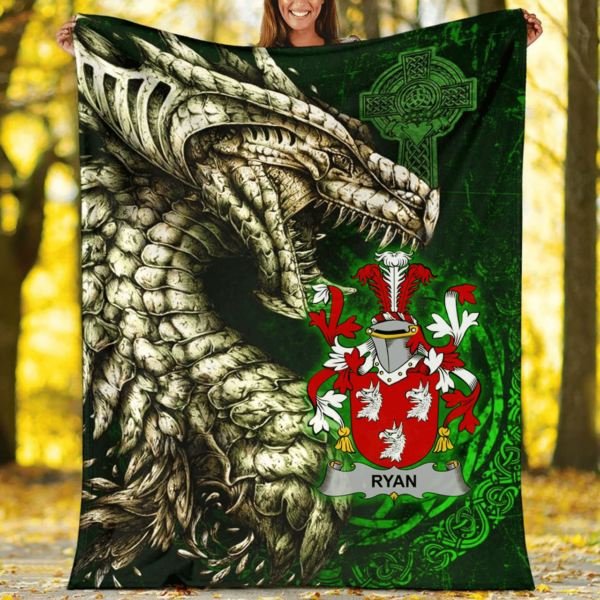 Ireland Premium Blanket - Ryan or O'Mulrian Family Crest Blanket - Dragon Claddagh Cross