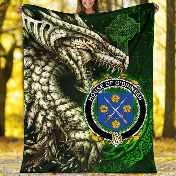 Ireland Premium Blanket - House of O'DINNEEN Family Crest Blanket - Dragon Claddagh Cross