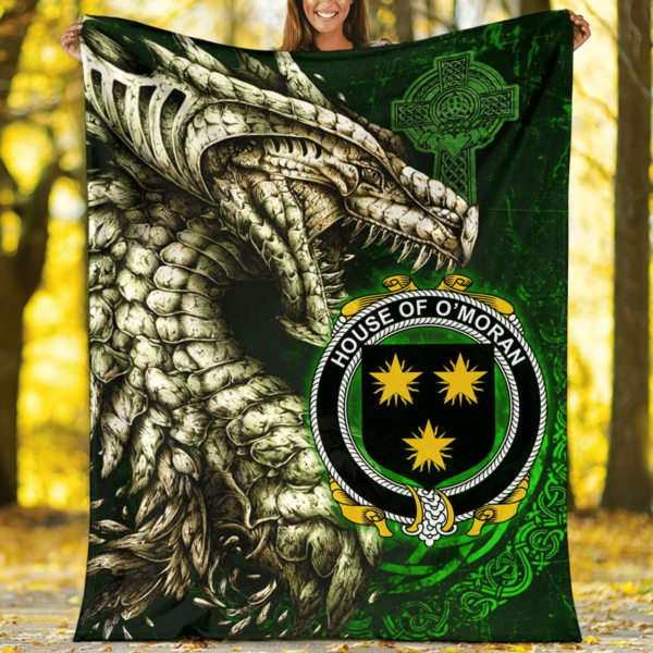 Ireland Premium Blanket - House of O'MORAN Family Crest Blanket - Dragon Claddagh Cross