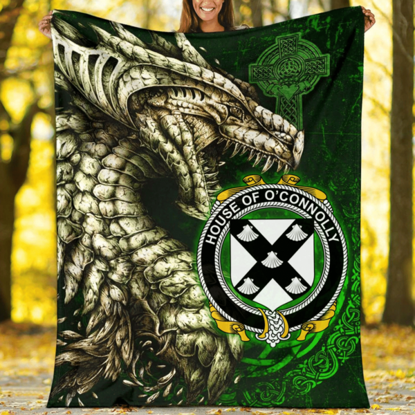 Ireland Premium Blanket - House of O'CONNOLLY Family Crest Blanket - Dragon Claddagh Cross