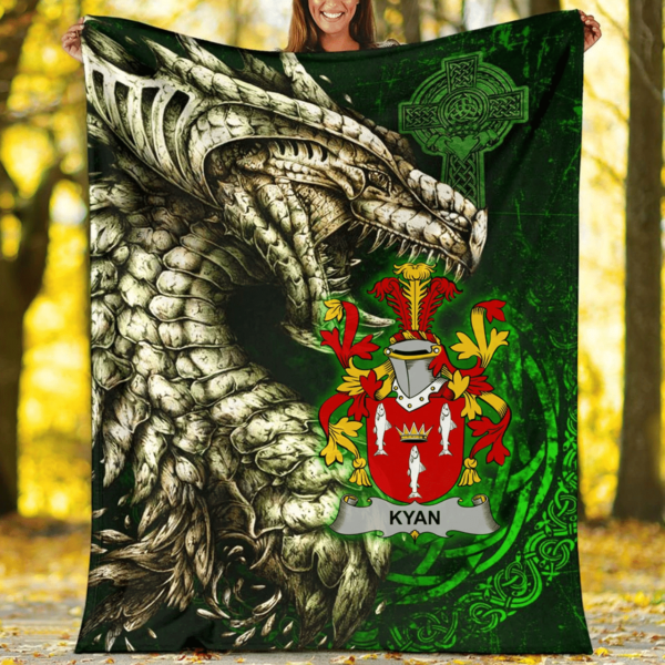 Ireland Premium Blanket - Kyan or O'Kyan Family Crest Blanket - Dragon Claddagh Cross