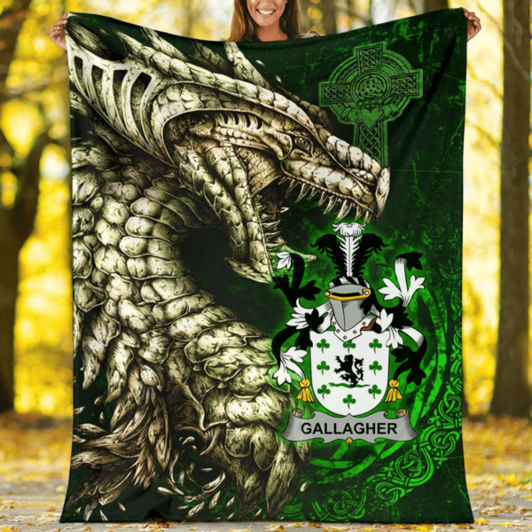 Ireland Premium Blanket - Gallagher or O'Gallagher Family Crest Blanket - Dragon Claddagh Cross