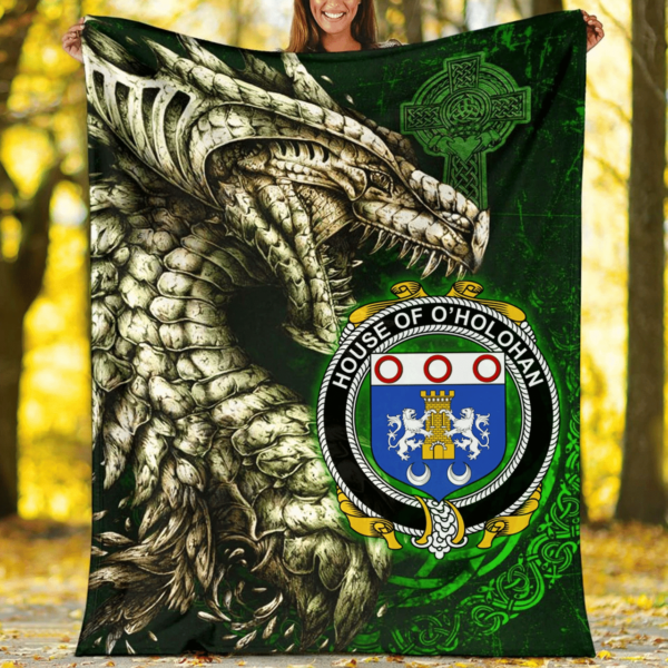 Ireland Premium Blanket - House of O'HOLOHAN Family Crest Blanket - Dragon Claddagh Cross