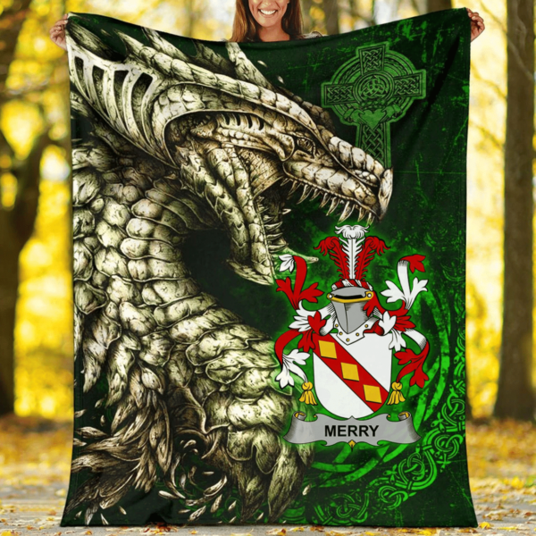 Ireland Premium Blanket - Merry or O'Merry Family Crest Blanket - Dragon Claddagh Cross