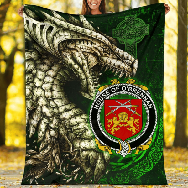 Ireland Premium Blanket - House of O'BRENNAN (Ossory) Family Crest Blanket - Dragon Claddagh Cross