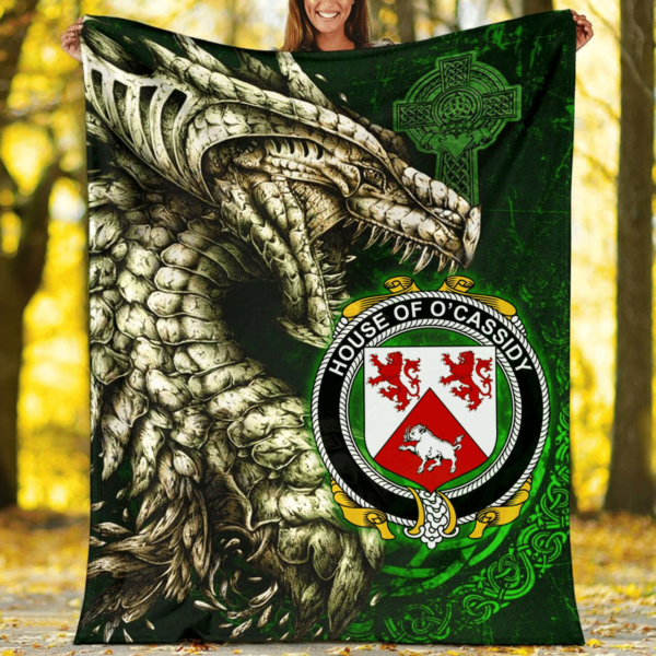 Ireland Premium Blanket - House of O'CASSIDY Family Crest Blanket - Dragon Claddagh Cross