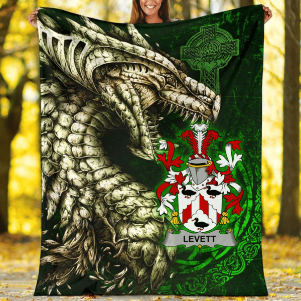 Ireland Premium Blanket - Levett or Lyvett Family Crest Blanket - Dragon Claddagh Cross