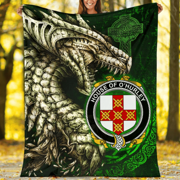 Ireland Premium Blanket - House of O'HURLEY Family Crest Blanket - Dragon Claddagh Cross