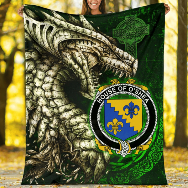 Ireland Premium Blanket - House of O'SHEA Family Crest Blanket - Dragon Claddagh Cross