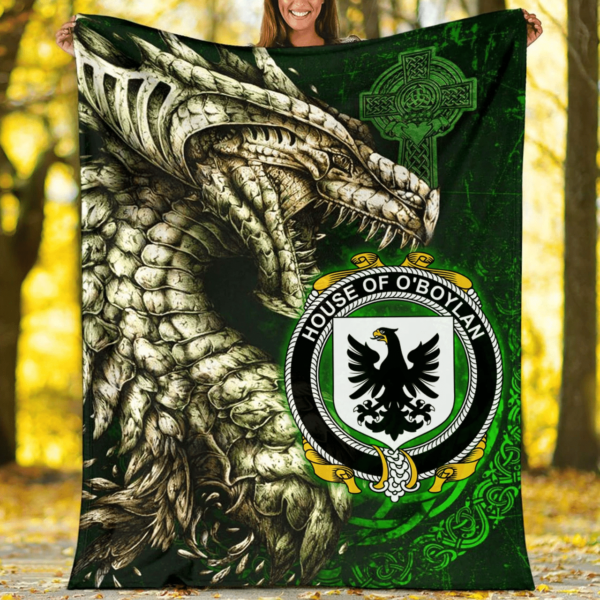 Ireland Premium Blanket - House of O'BOYLAND Family Crest Blanket - Dragon Claddagh Cross