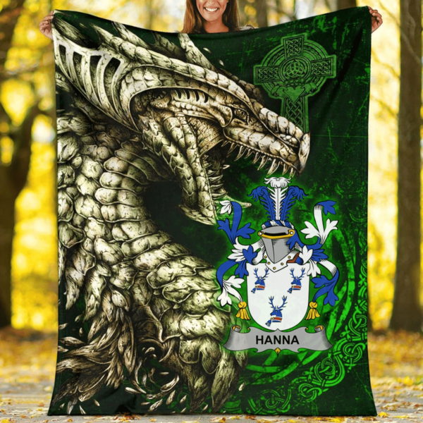 Ireland Premium Blanket - Hanna or O'Hanna Family Crest Blanket - Dragon Claddagh Cross