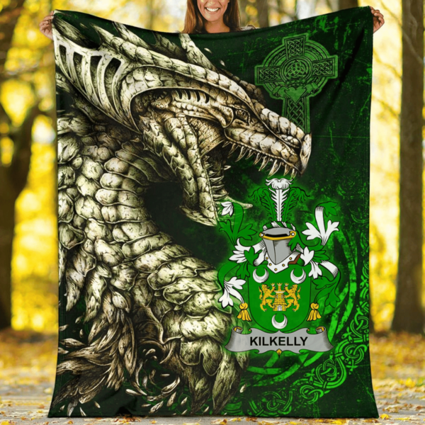 Ireland Premium Blanket - Kilkelly or Killikelly Family Crest Blanket - Dragon Claddagh Cross