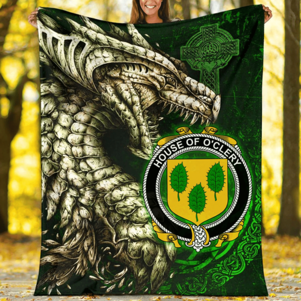 Ireland Premium Blanket - House of O'CLERY Family Crest Blanket - Dragon Claddagh Cross