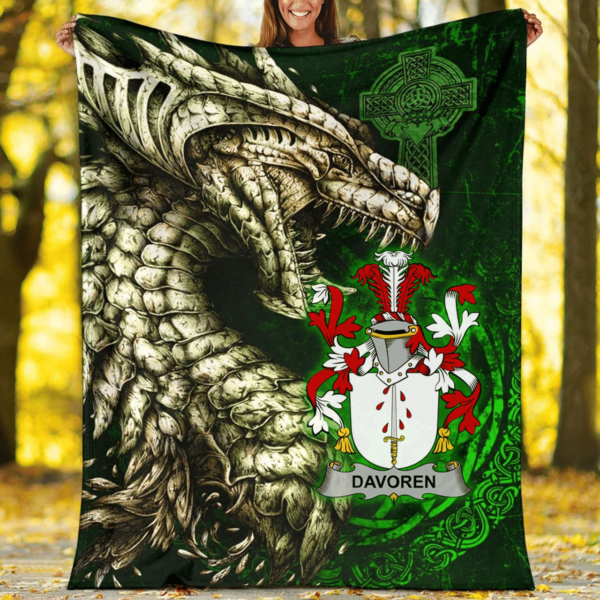 Ireland Premium Blanket - Davoren or O'Davoren Family Crest Blanket - Dragon Claddagh Cross