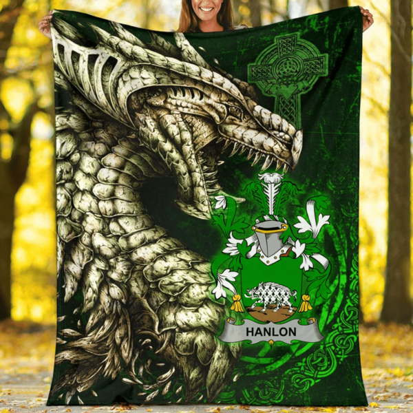 Ireland Premium Blanket - Hanlon or O'Hanlon Family Crest Blanket - Dragon Claddagh Cross