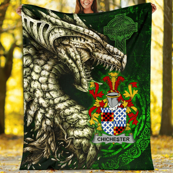 Ireland Premium Blanket - Chichester Family Crest Blanket - Dragon Claddagh Cross