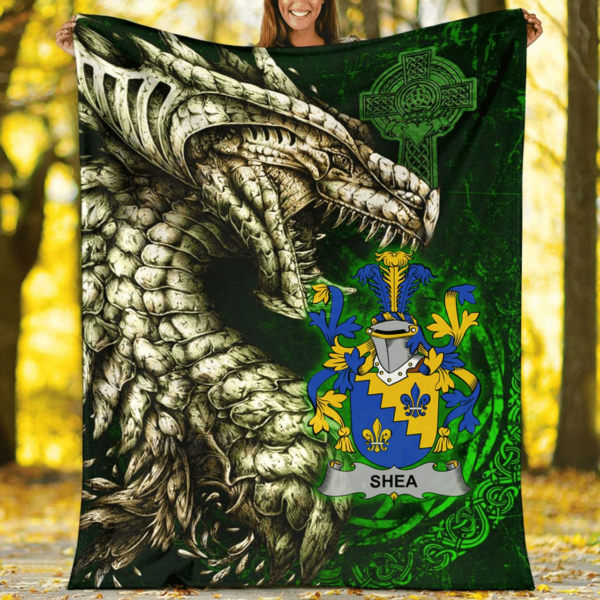 Ireland Premium Blanket - Shea or O'Shee Family Crest Blanket - Dragon Claddagh Cross