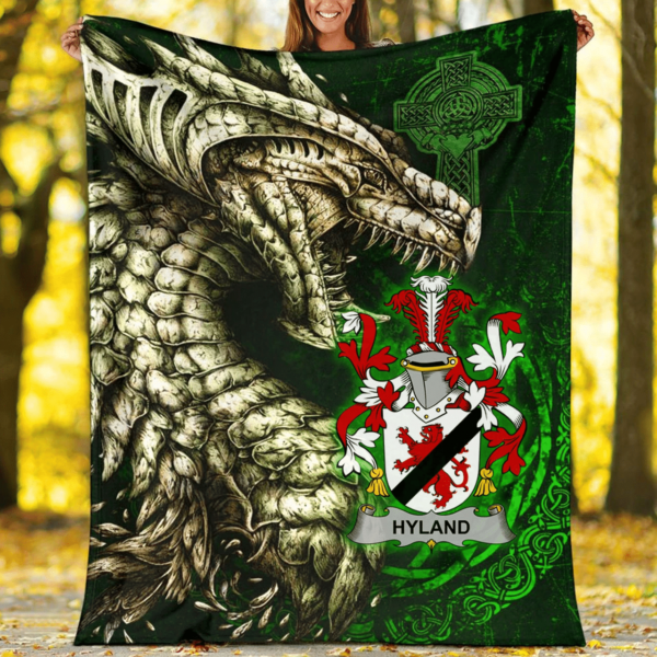 Ireland Premium Blanket - Hyland or O'Hyland Family Crest Blanket - Dragon Claddagh Cross