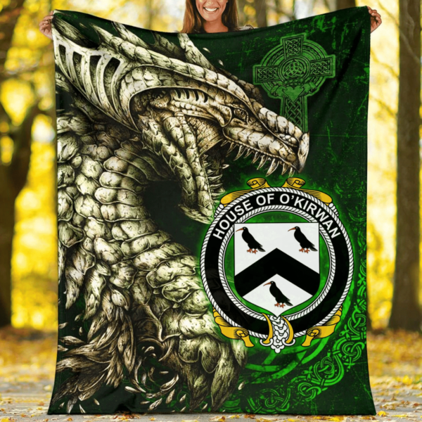 Ireland Premium Blanket - House of O'KIRWAN Family Crest Blanket - Dragon Claddagh Cross