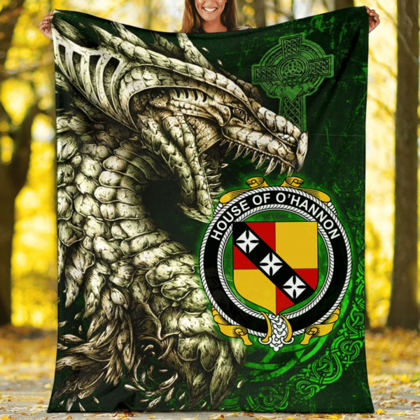 Ireland Premium Blanket - House of O'HANNON Family Crest Blanket - Dragon Claddagh Cross