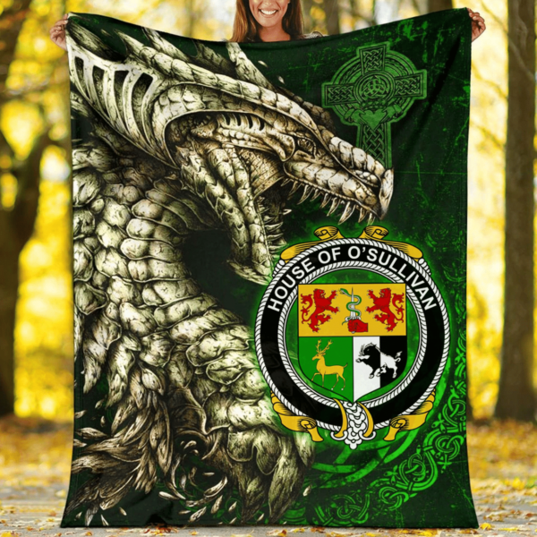 Ireland Premium Blanket - House of O'SULLIVAN Family Crest Blanket - Dragon Claddagh Cross