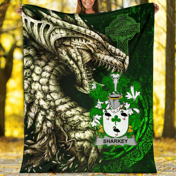 Ireland Premium Blanket - Sharkey or O'Sharkey Family Crest Blanket - Dragon Claddagh Cross