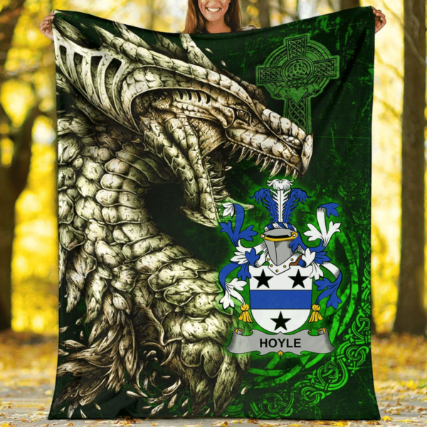 Ireland Premium Blanket - Hoyle or McIlhoyle Family Crest Blanket - Dragon Claddagh Cross