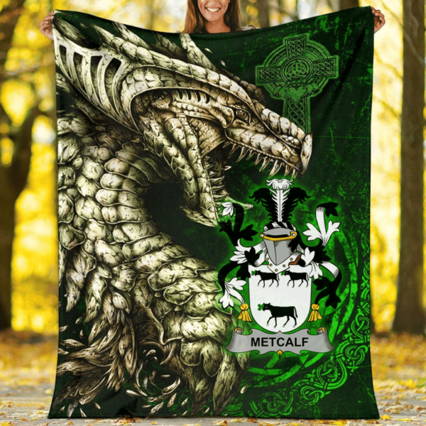 Ireland Premium Blanket - Metcalf or Metcalfe Family Crest Blanket - Dragon Claddagh Cross