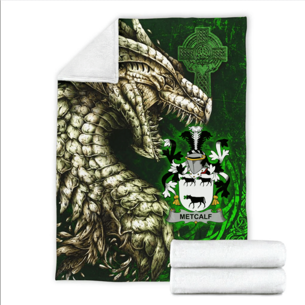 Ireland Premium Blanket - Metcalf or Metcalfe Family Crest Blanket - Dragon Claddagh Cross - Image 2