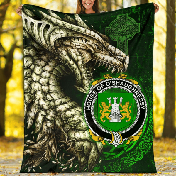 Ireland Premium Blanket - House of O'SHAUGNESSY Family Crest Blanket - Dragon Claddagh Cross