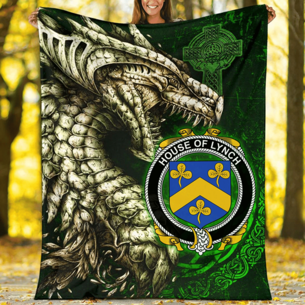 Ireland Premium Blanket - House of LYNCH Family Crest Blanket - Dragon Claddagh Cross