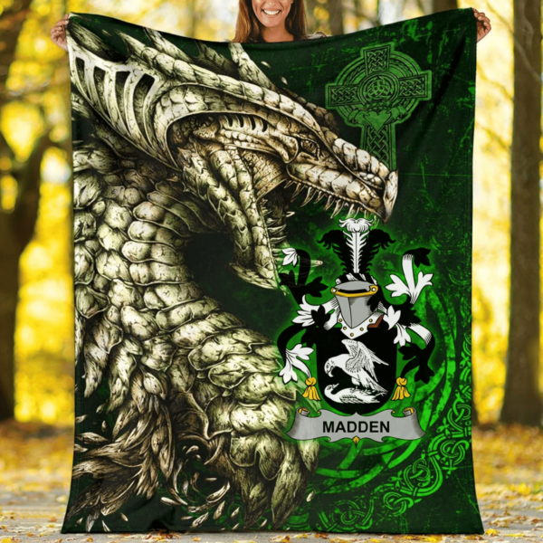 Ireland Premium Blanket - Madden or O'Madden Family Crest Blanket - Dragon Claddagh Cross