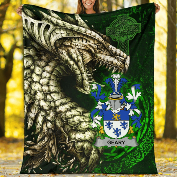 Ireland Premium Blanket - Geary or O'Geary Family Crest Blanket - Dragon Claddagh Cross