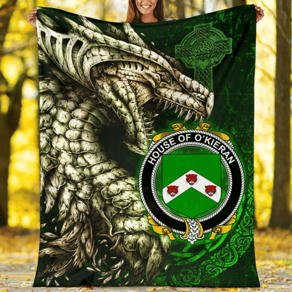 Ireland Premium Blanket - House of O'KIERAN Family Crest Blanket - Dragon Claddagh Cross