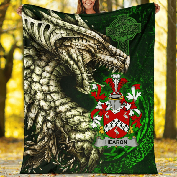 Ireland Premium Blanket - Hearon or Hearn Family Crest Blanket - Dragon Claddagh Cross