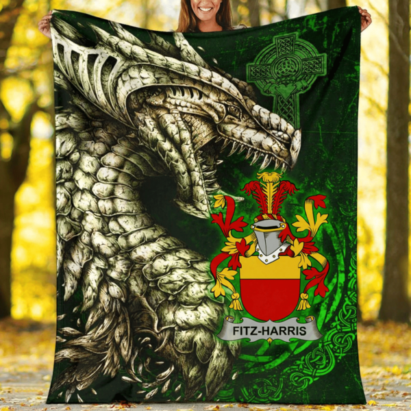 Ireland Premium Blanket - Fitz-Harris Family Crest Blanket - Dragon Claddagh Cross