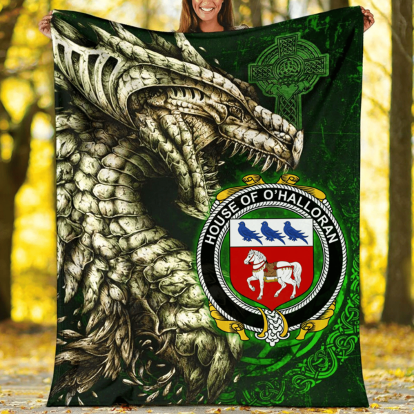 Ireland Premium Blanket - House of O'HALLORAN Family Crest Blanket - Dragon Claddagh Cross