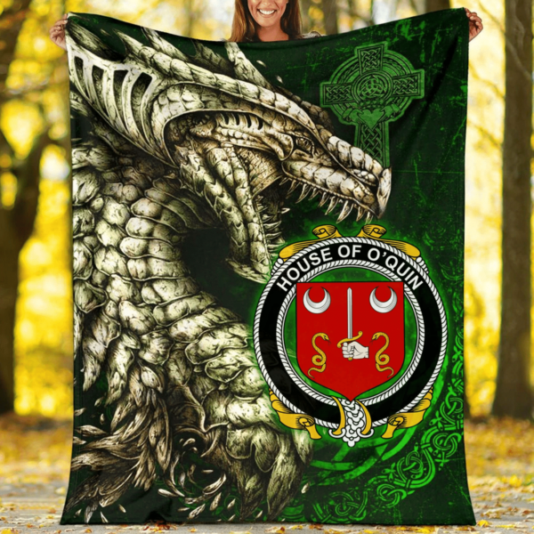 Ireland Premium Blanket - House of O'QUIN (Thomond) Family Crest Blanket - Dragon Claddagh Cross