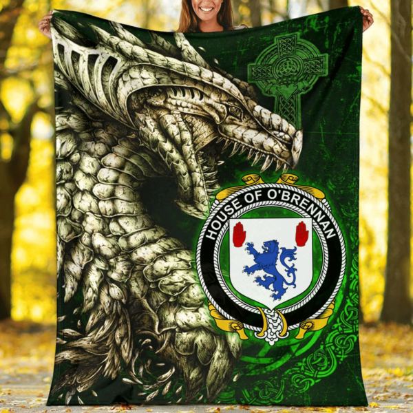 Ireland Premium Blanket - House of O'BRENNAN (Connacht) Family Crest Blanket - Dragon Claddagh Cross