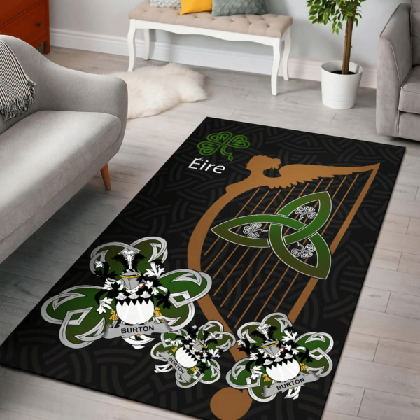 Ireland Area Rug - Burton Family Crest Area Rug - Harp And Shamrock - Image 2