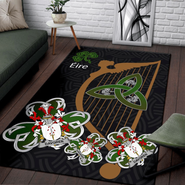 Ireland Area Rug - Davoren or O'Davoren Family Crest Area Rug - Harp And Shamrock - Image 3