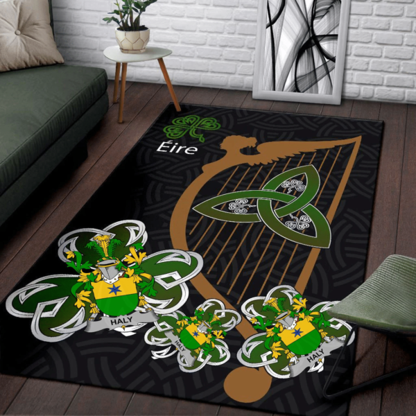 Ireland Area Rug - Haly or O'Haly Family Crest Area Rug - Harp And Shamrock - Image 3