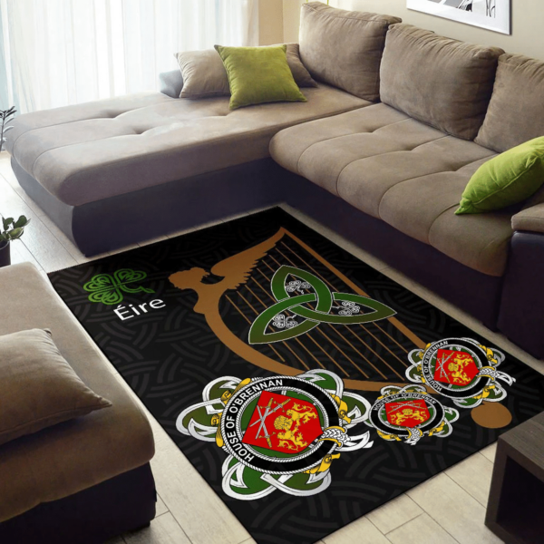 Ireland Area Rug - House of O'BRENNAN (Ossory) Family Crest Area Rug - Harp And Shamrock