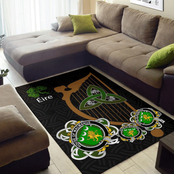 Ireland Area Rug - House of MACMANUS Family Crest Area Rug - Harp And Shamrock