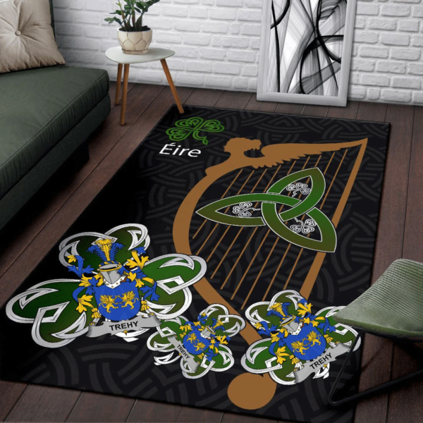 Ireland Area Rug - Trehy or O'Trehy Family Crest Area Rug - Harp And Shamrock - Image 3