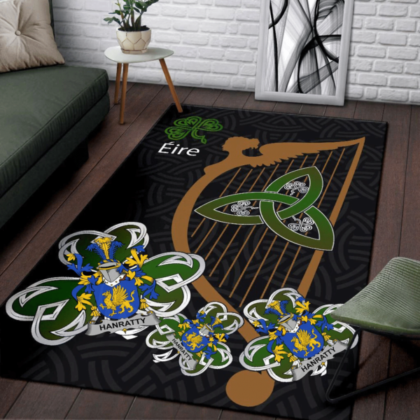 Ireland Area Rug - Hanratty or O'Hanraghty Family Crest Area Rug - Harp And Shamrock - Image 3