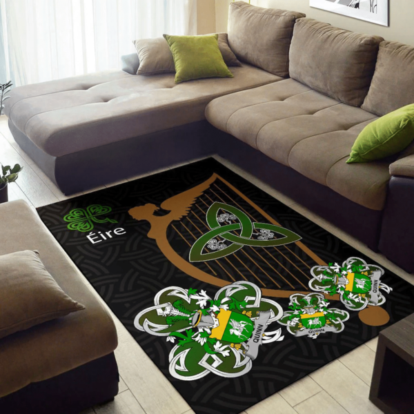 Ireland Area Rug - Quinn or O'Quin Family Crest Area Rug - Harp And Shamrock