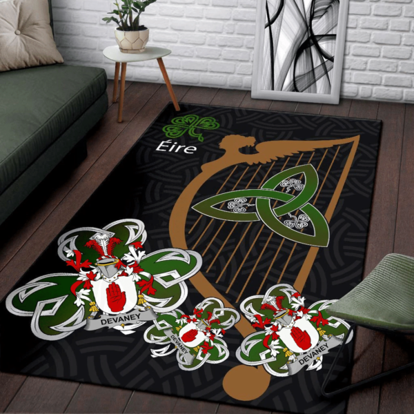 Ireland Area Rug - Devaney or O'Devaney Family Crest Area Rug - Harp And Shamrock - Image 3